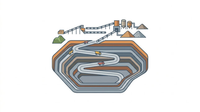 Open Pit Mine with Conveyor Belt System and Processing Plant.