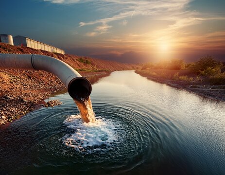 industrial water pollution sewage pipe discharging waste into river