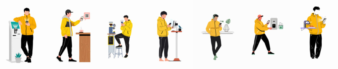 Fototapeta premium Set of flat illustrations featuring a young man using different self-service kiosks and digital payment systems with his smartphone.