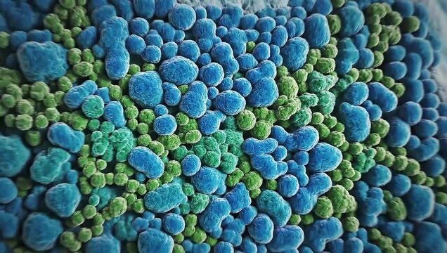 Microscopic view of blue and green spherical particles densely packed with varying sizes and shades.