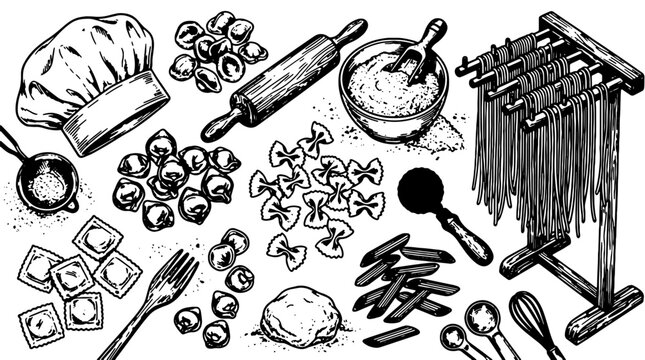 Baking, pastry, kitchen utensils and ingredients, black and white vector icons, 25 elements