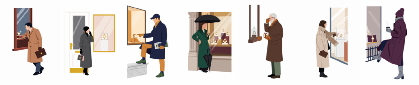Diverse collection of stylish people in warm coats window shopping for luxury watches and jewelry at boutique storefronts, flat vector illustration.