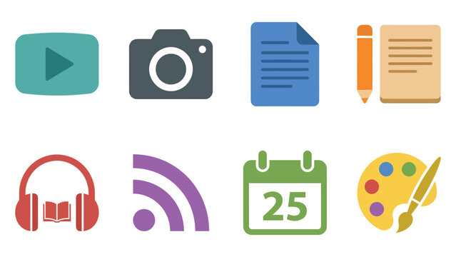 Set of eight colorful flat design icons representing various media, communication, and creative tools.
