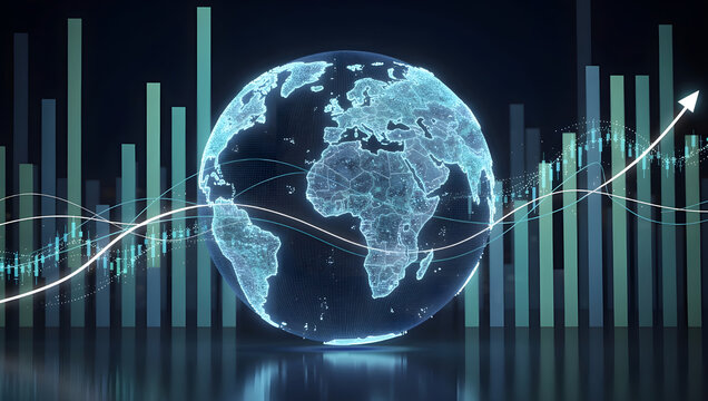 Global financial growth chart with world globe, business analytics concept, stock market performance and economic data visualization background