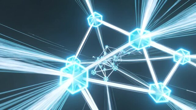 Digital data stream and network connection concept abstract blue light rays flowing into connected nodes big data transfer and global communication