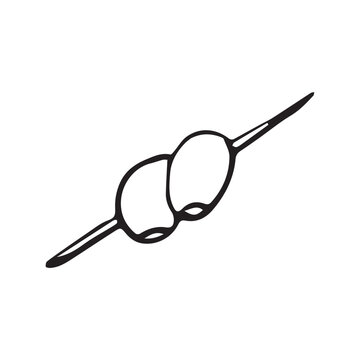 Olives on skewer hand drawn sketch, black line art doodle. Two olives pick appetizer, cocktail garnish, martini element vector clipart isolated white background.