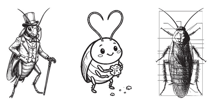 Dapper Gentleman Cockroach With Top Hat Cane Cute Lovebug Holding Cheese And Detailed Anatomical Diagram Line Art