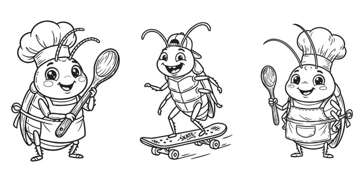 Cute Chef Cockroach With Spoon Apron And Happy Cartoon Bug Skateboarding Wearing Cap Coloring Page Line Art