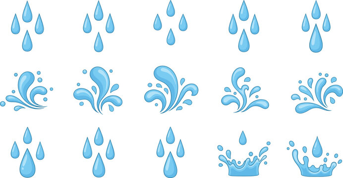 Blue Water Drops and Splash Icon Set with Falling Droplets Waves and Liquid Crown Splashes for Eco Friendly Cleaning and Beverage Graphic Designs (24 words)