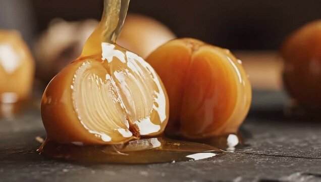 Close-up of caramel sauce being poured over a halved onion on a dark surface with blurred onions in the background.