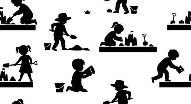 Silhouette Children Gardening and Playing with Sandbox Tools.