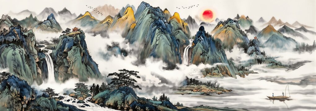 Traditional Chinese Landscape Painting With River Boat
