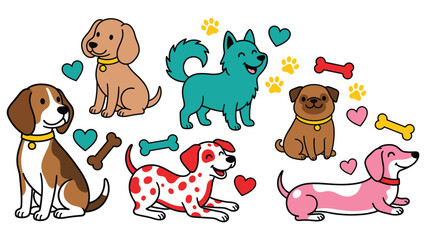 Fototapeta premium Set of colorful cute dogs with hearts and bones illustrations for children print designs.