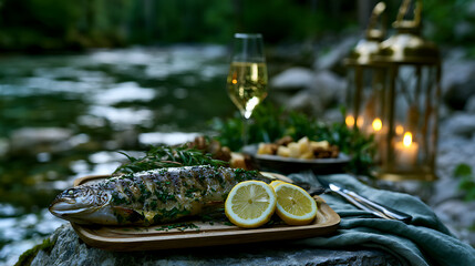 Fototapeta premium Grilled whole fish with lemon slices served by tranquil riverside at candlelit outdoor dinner, elegant seafood dining experience in natural evening setting with wine and lanterns