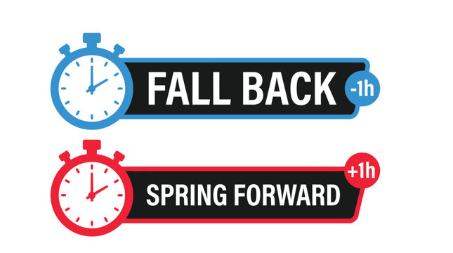 Bright vector illustration showing daylight saving time concept with two colorful clocks and text labels
