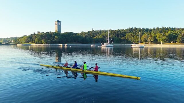 Four determined women row across Halifax Bay as the sun rises, showcasing their strength and connection to nature in the peaceful morning glow