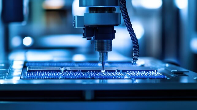Close up of pick and place robot assembling electronic board