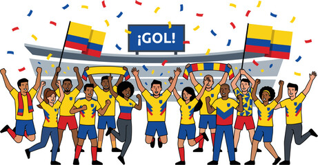 Colombian people celebrating soccer victory with flags and banners in stadium © Khatunay JANNATARA