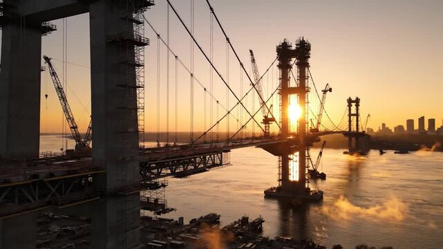 Majestic bridge construction at sunrise, bathed in warm golden light, showcasing ambitious engineering and development over tranquil waters.