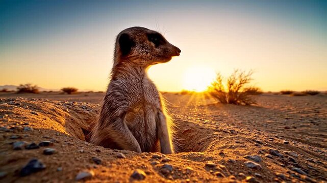Curious Meerkat Emerging From Desert Burrow at Golden Sunrise
