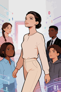 Team of Diverse Professionals Walking Through Digital Tech Space