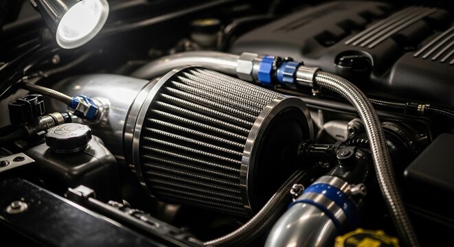 Close-up of a High-Performance Turbocharged Engine Air Intake System.