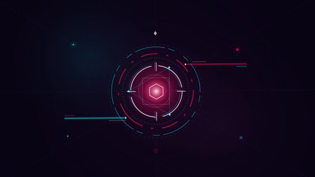 Abstract futuristic digital target interface with glowing pink hexagon and concentric circles on a dark background.
