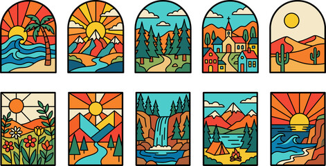 Obraz premium Collection of colorful flat vector graphic illustrations depicting diverse natural landscapes and scenic outdoor environments with stylized retro artistic shapes