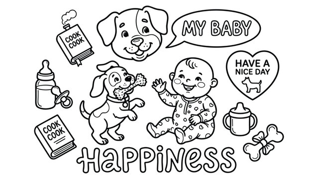 Baby and puppy playing together with baby accessories and motivational quote coloring page.