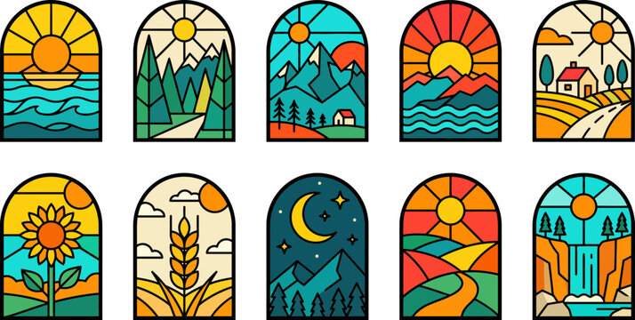 Ten vibrant vector graphic icons featuring stylized nature landscapes including mountains suns trees flowers and night scenes with moon stars