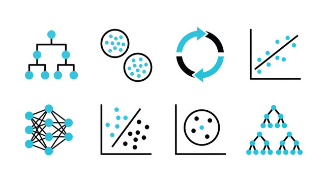 Machine Learning and Data Science Icons Set: Decision Tree, Clustering, Iteration, Regression, Neural Network, Classification, K-Means, and Hierarchical Clustering.
