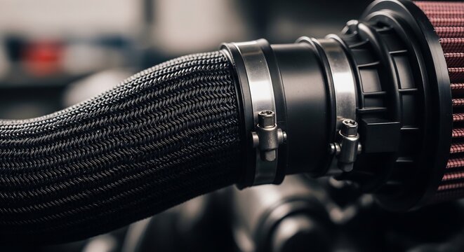 Close-up of a Car Engine Air Intake Hose and Filter.