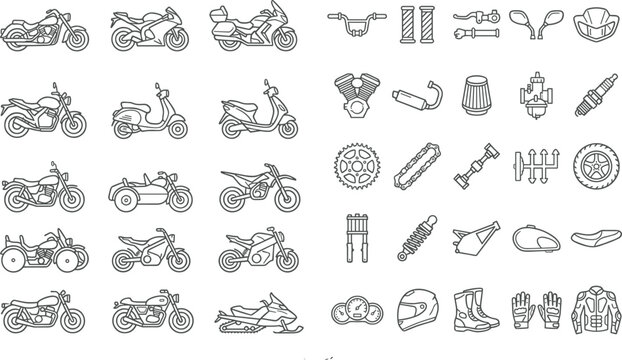 Complete Motorcycle Types and Spare Parts Outline Icon Set Pack for Biker Mechanics, Repair Service Apps, and Automotive Industry Graphic Designs