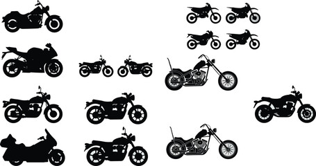 Comprehensive Motorcycle Silhouette Collection Featuring Cruiser, Chopper, Dirt Bike, Sportbike, and Touring Motorbike Varieties for Retro Club Badges and Automotive Designs © shakil
