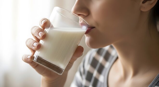 Woman drinking a glass of milk in a casual setting indoors