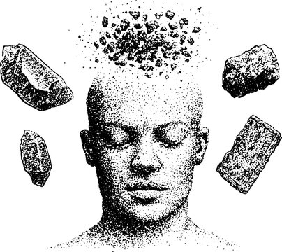 Human head with floating rock fragments and open scalp