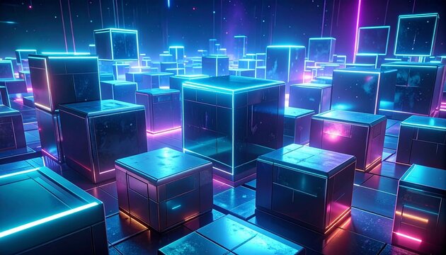 Futuristic neon environment with floating metallic cubes and glowing lights, symbolizing advanced technology, digital architecture, and immersive sci‑fi design.