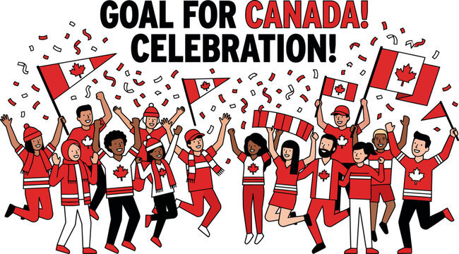 Diverse group of people celebrating Canada with flags and confetti in red white and black