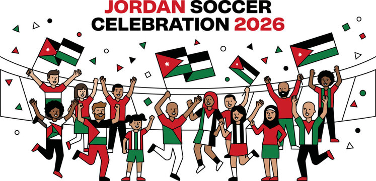 Diverse group of people celebrating Jordan soccer with flags and confetti in the air enthusiastically together
