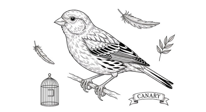 A canary perched on a branch with feathers, leaves, and a cage, isolated on a transparent background