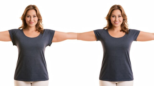 Split frame showing large drooping flaps of loose skin hanging from the underside of upper arms versus taut smooth defined arms.