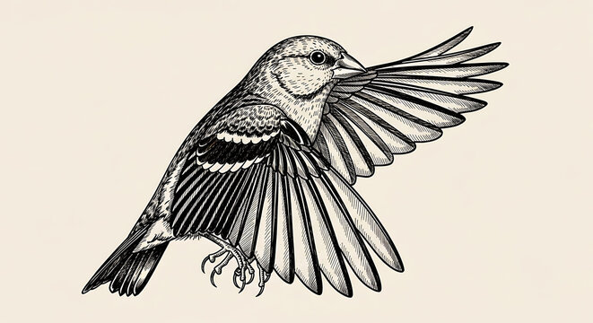 A detailed black and white of a finch in flight, wings spread isolated on a transparent background bird