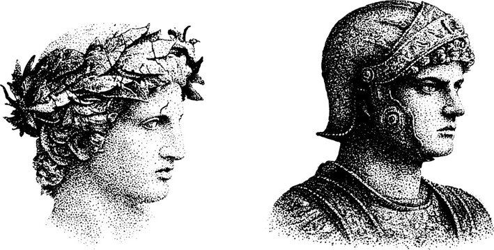 Paired classical heads with laurel and helmet profiles