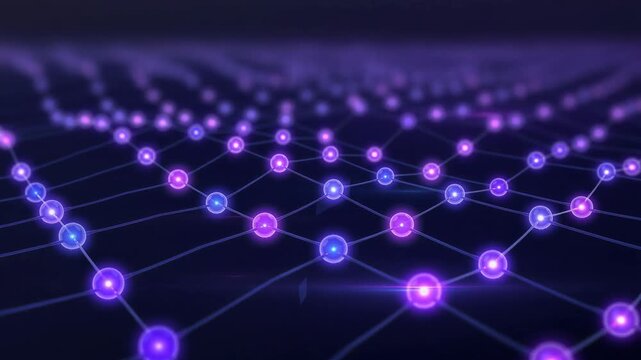 Futuristic blockchain network with glowing interconnected nodes pulsing in vibrant digital space