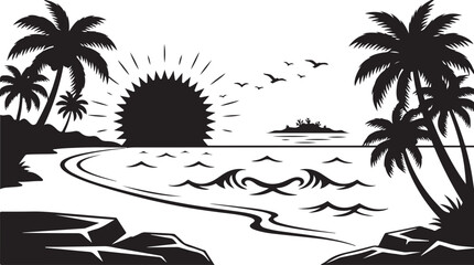 Tropical beach scene with palm trees and flying birds silhouette against sunset sky © DS STORE