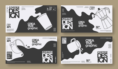 Obraz na płótnie Canvas Coffee concept design. Outline horizontal banners set of coffee cup, paper cup, milk pitcher, coffeemaker. Spilling coffee and milk. Minimalist illustration for wall art, cafe, decoration, coffeeshop
