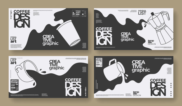 Coffee concept design. Outline horizontal banners set of coffee cup, paper cup, milk pitcher, coffeemaker. Spilling coffee and milk. Minimalist illustration for wall art, cafe, decoration, coffeeshop