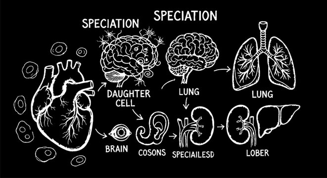 Illustrated human organ specialization and cell differentiation concept.