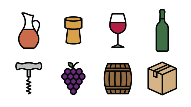 Set of wine-related icons including a pitcher, cork, glass, bottle, corkscrew, grapes, barrel, and box.