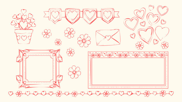 Set of handdrawn valentines day elements, hearts, flowers, frames, and decorative borders for romantic design